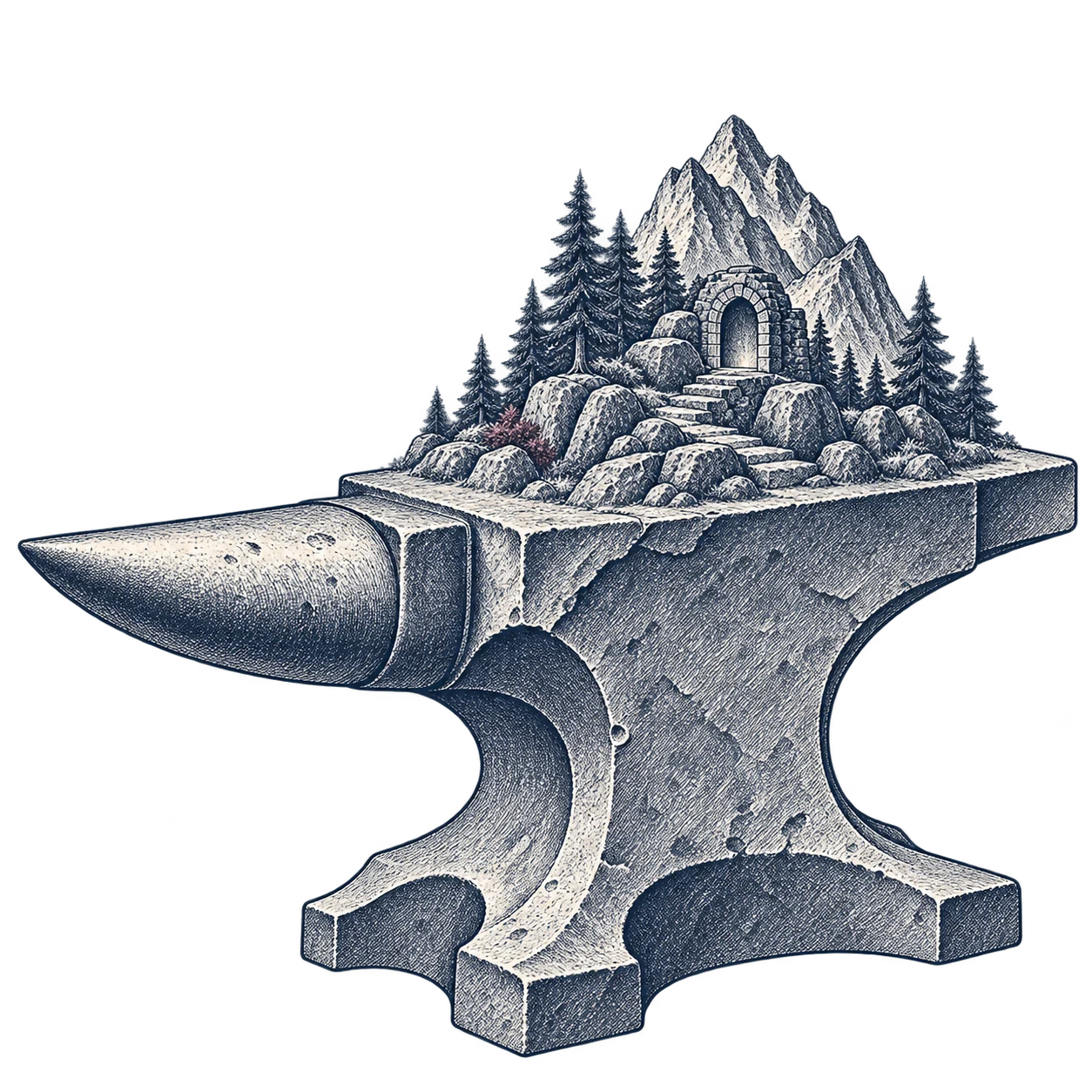 A hand-etched anvil carrying a small imagined world of mountains, pine trees, and a stone doorway.